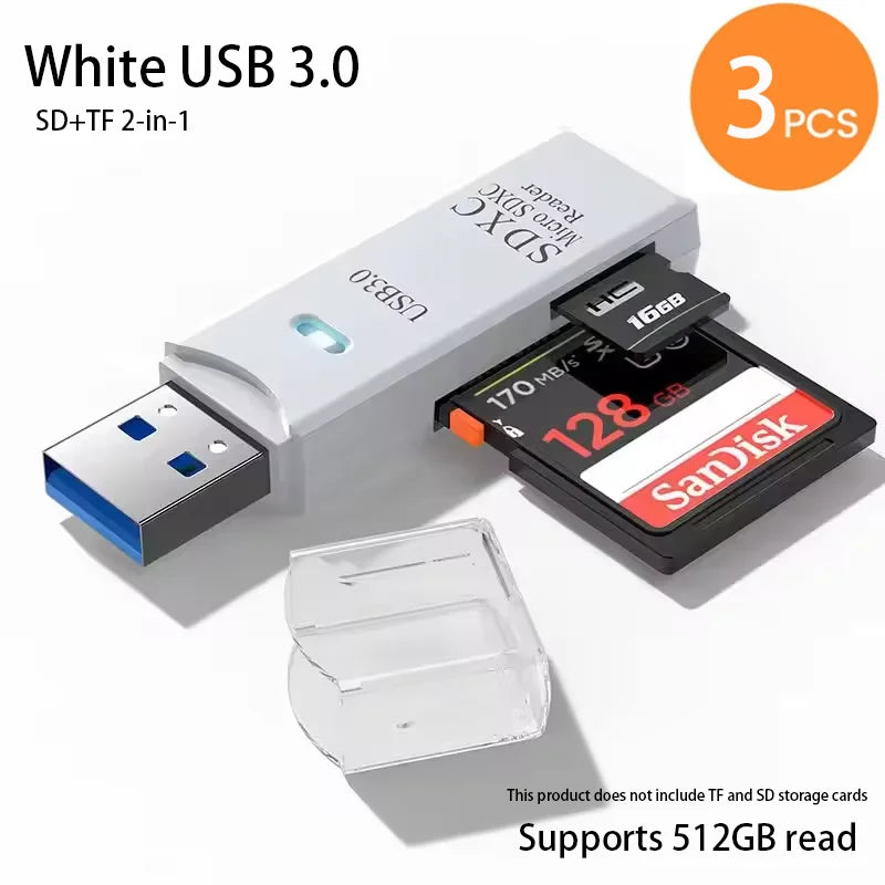 2-in-1 USB Memory Card Reader for SD and TF Cards – 3pcs White3.0