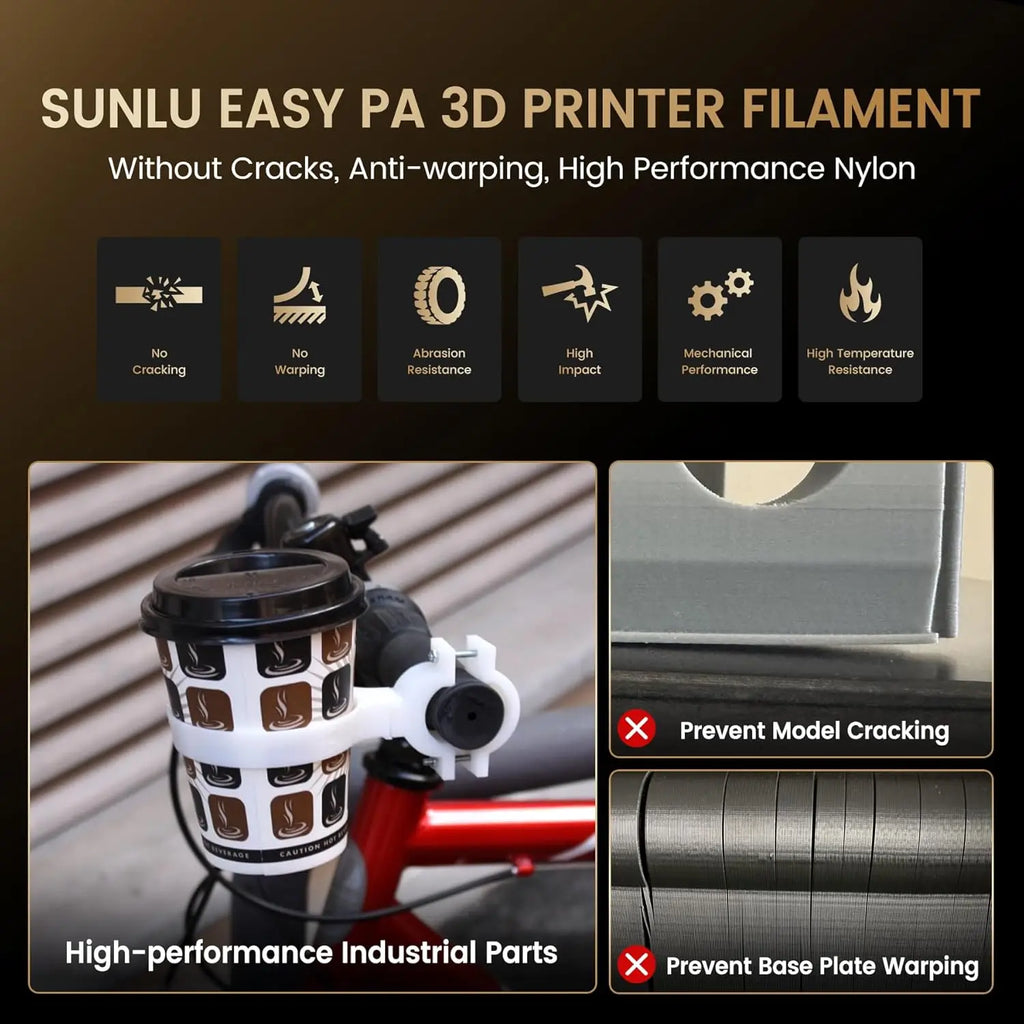 Informational graphics showing features of nylon 3D printer filament with example printed parts.