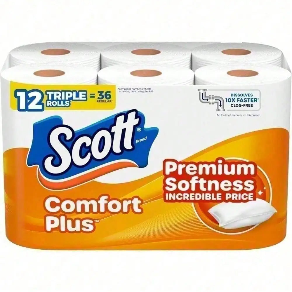 A pack of 12 rolls of bathroom tissue in white and orange packaging
