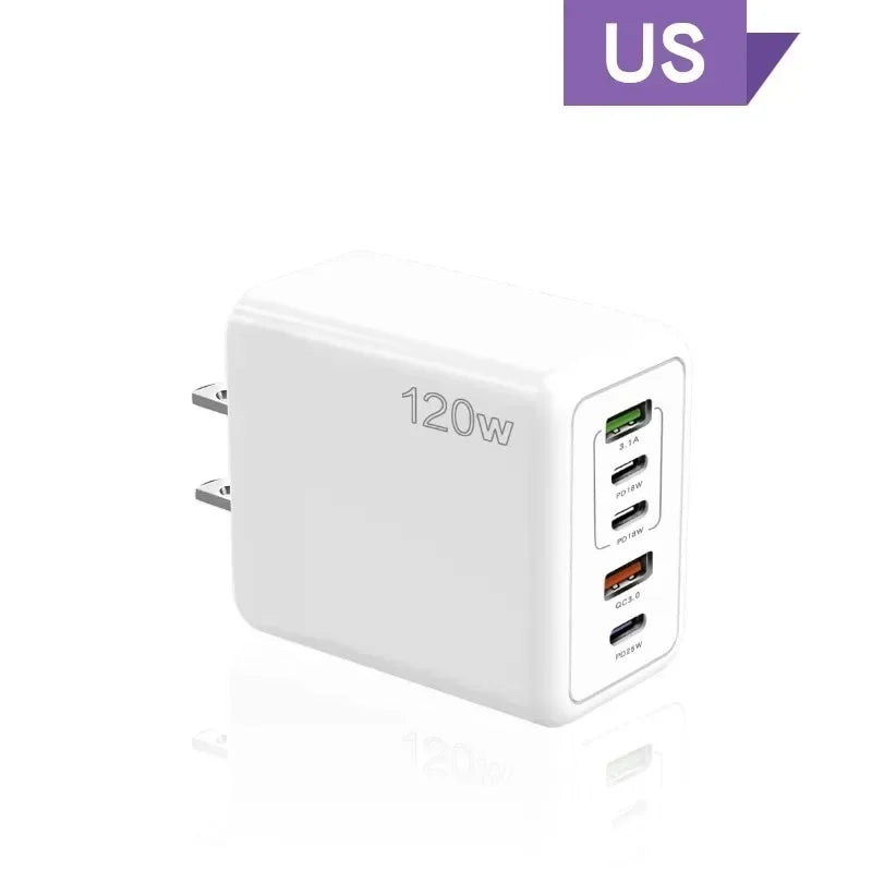 120W Multi-Port USB-C Fast Wall Charger with 5 Ports – US Plug White