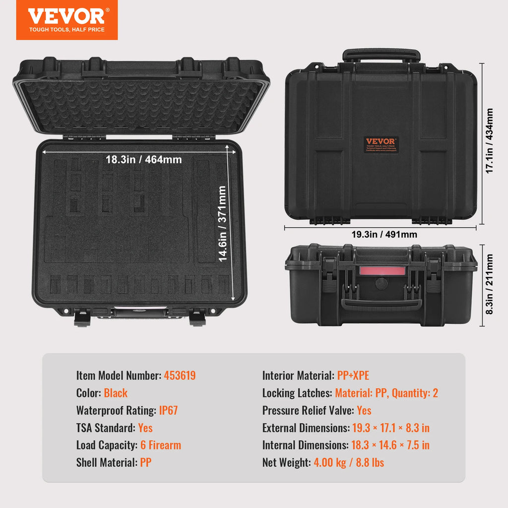 SucceBuy Hard Pistol Case, IP67 Waterproof, TSA Approved for 6 Firearms – 19.3x17.1x8.3in Lin