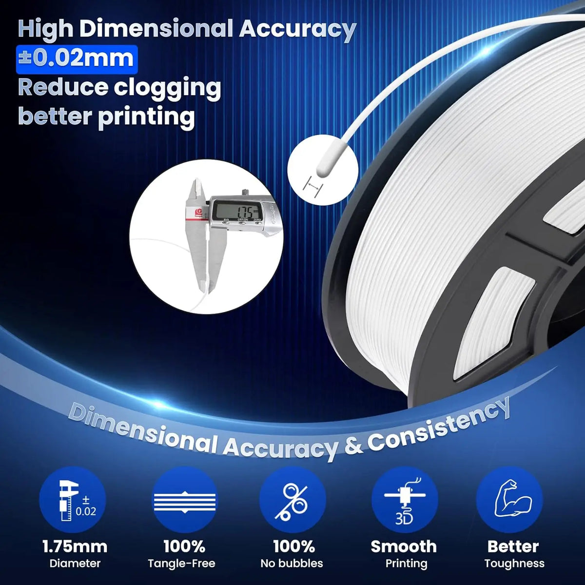 A diagram demonstrating the dimensional accuracy and quality of 3D printer filament