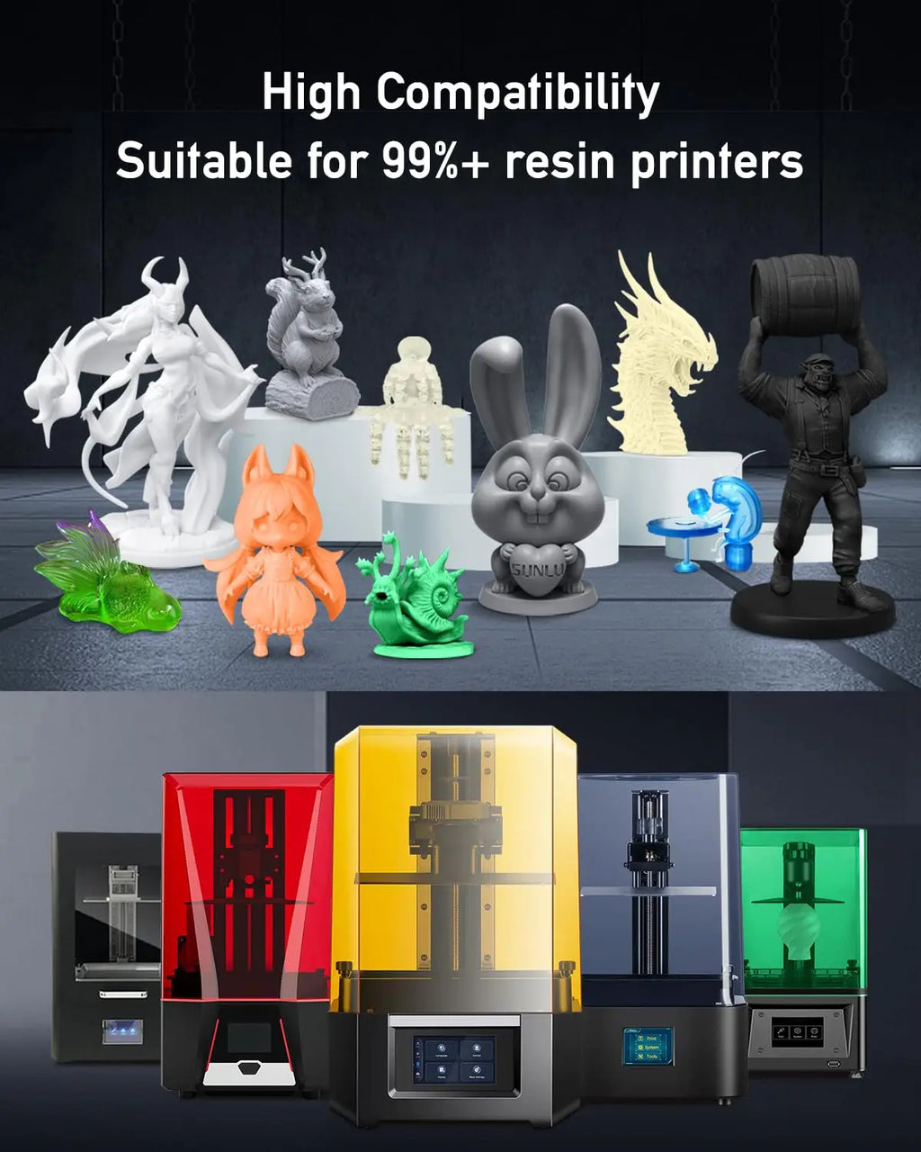 A collection of assorted 3D printed resin figurines displayed above several 3D printers.