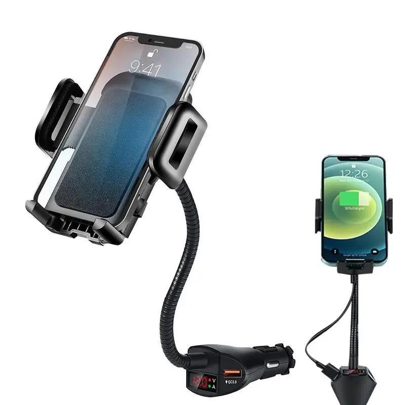 A black flexible car cigarette lighter phone holder featuring dual USB ports and voltage display, shown in two views.