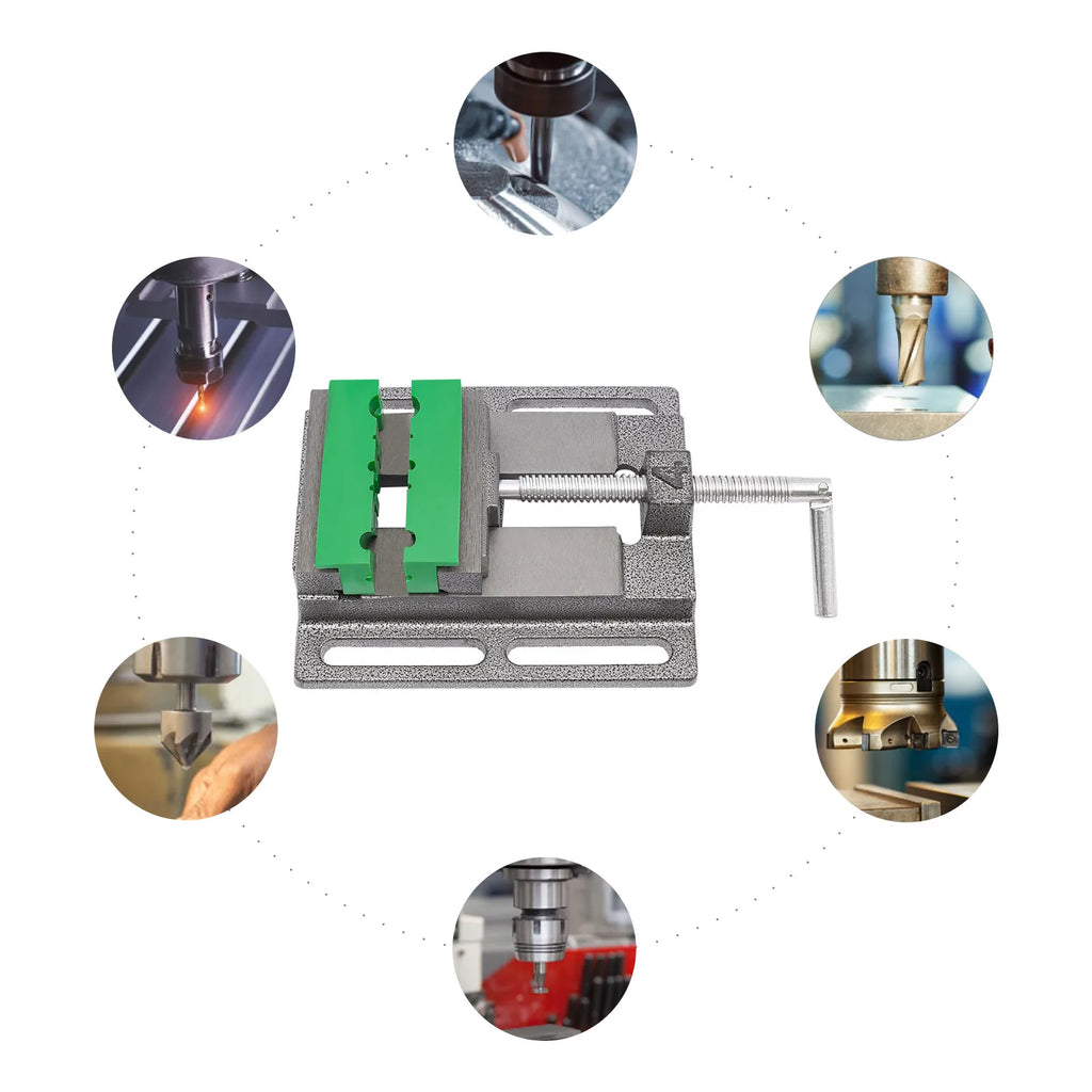 Metal drill press vise with green jaw inserts, surrounded by small circular images of drilling applications