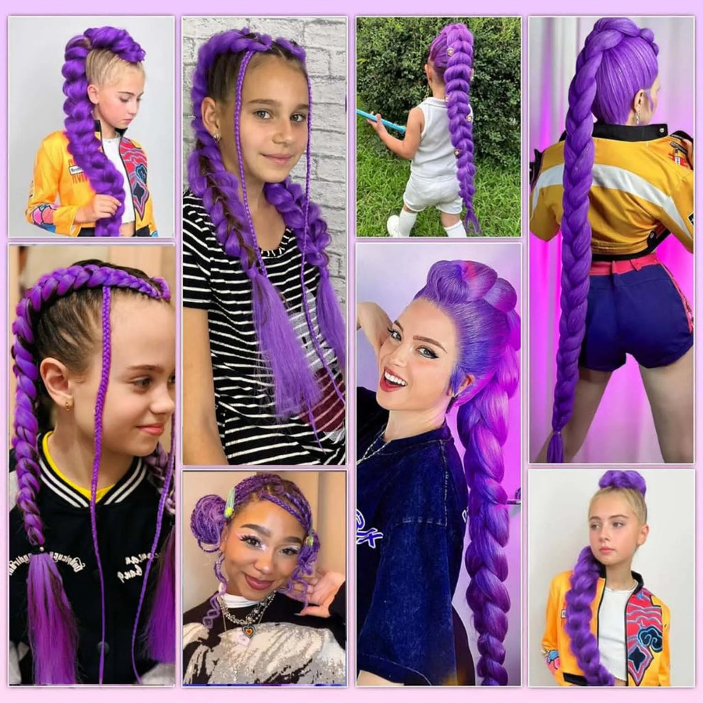 A collection of various braided purple hairstyles shown on different children and models