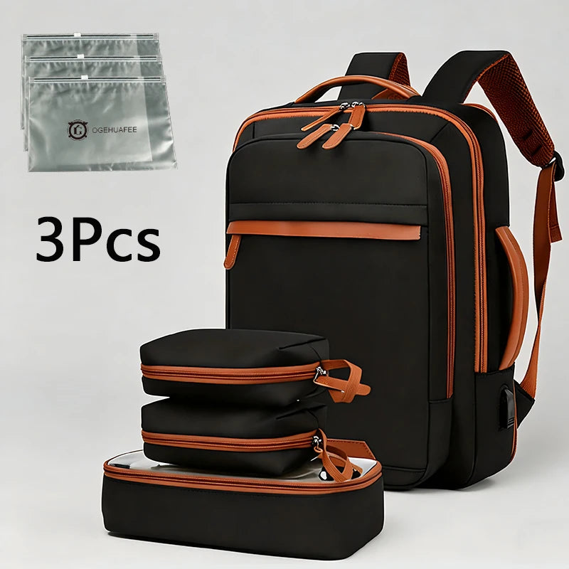 Oghuafee Expandable Computer Backpack, 20-35L Unisex Nylon Commuter Bag – Black 7-Piece Set