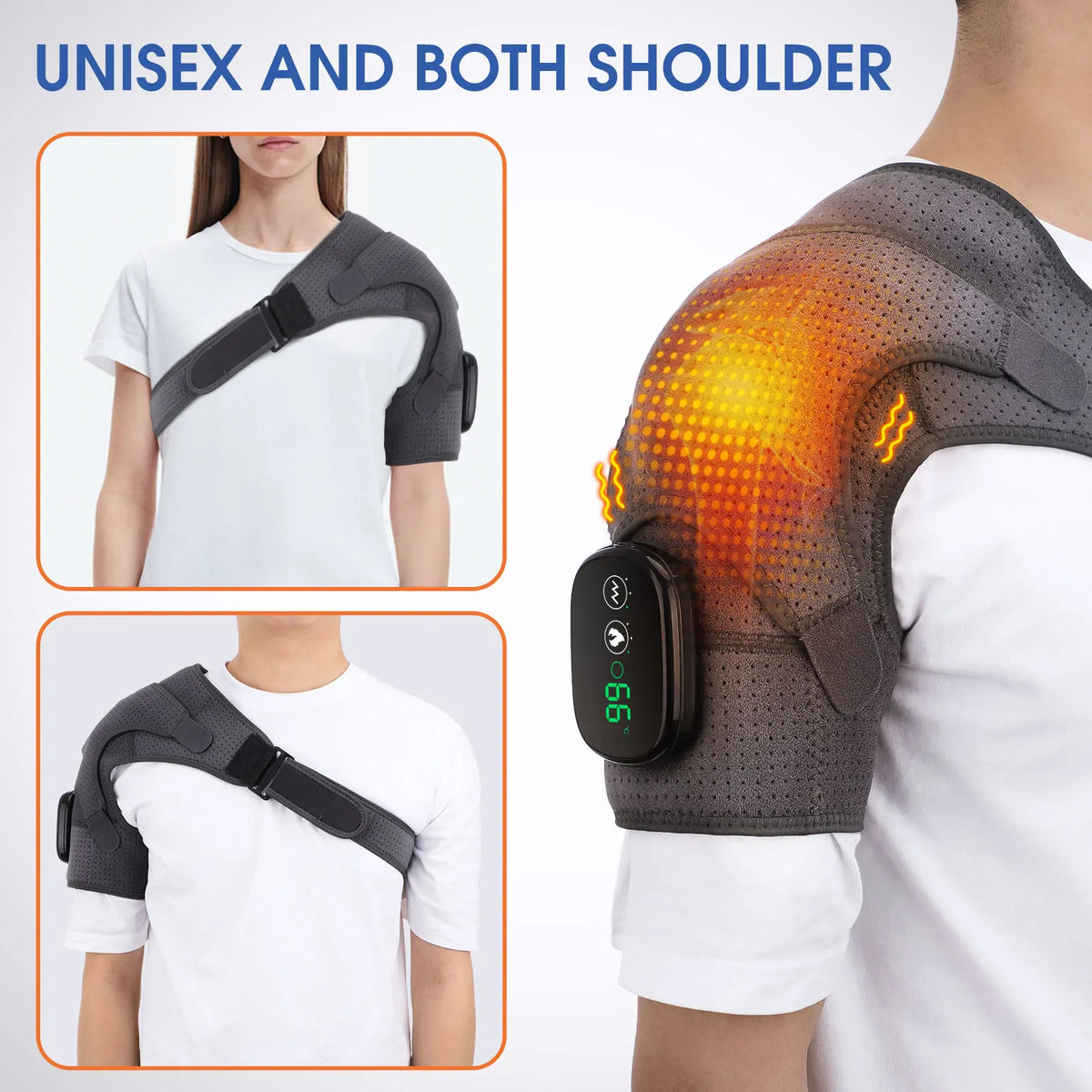 Unisex electric shoulder brace showing how it fits on both shoulders