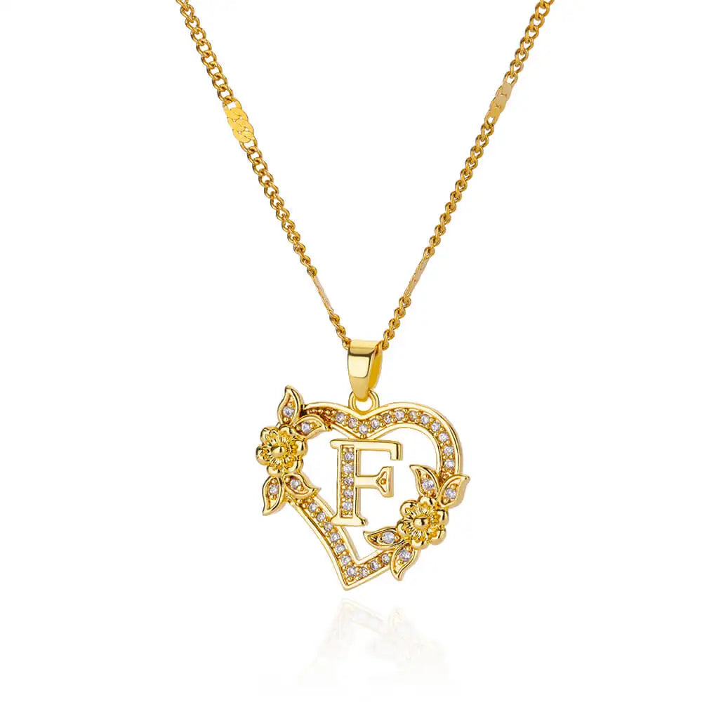 Floral Heart Initial Necklace - Stainless Steel Zircon Pendant – F