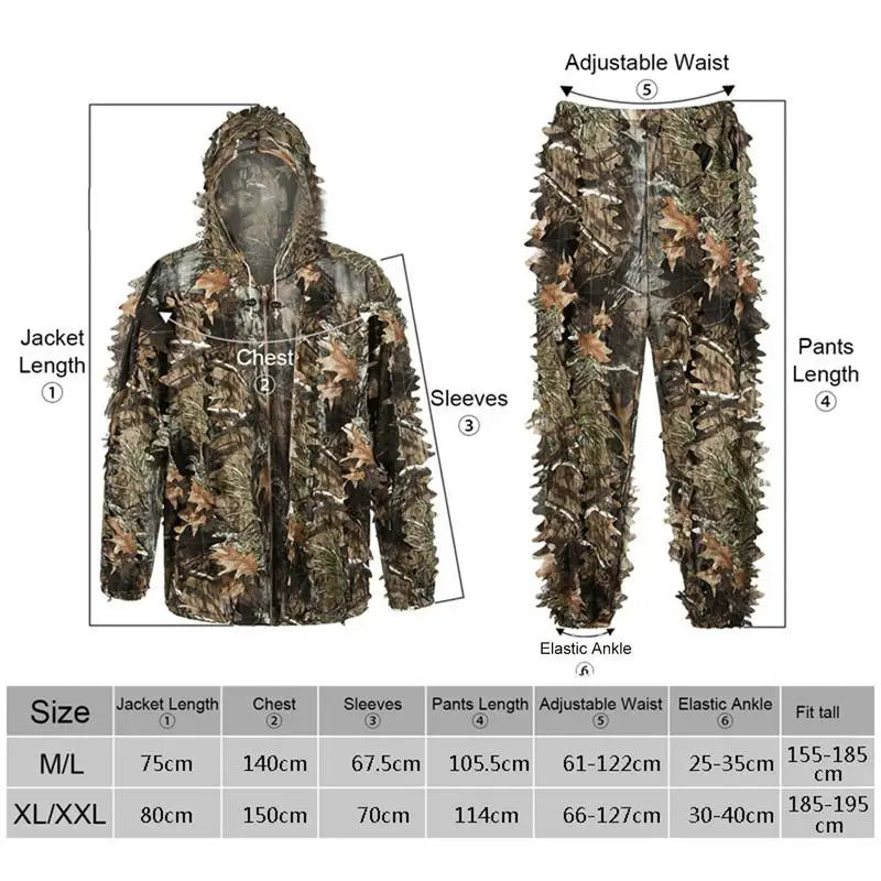 Ghillie suit size chart with measurements for jacket, chest, sleeves, and pants length