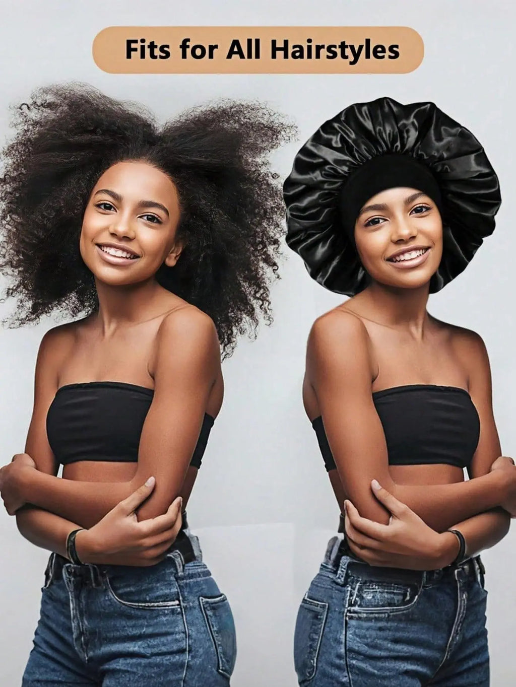 A comparison showing a woman with voluminous natural hair and the same woman wearing a black satin bonnet.