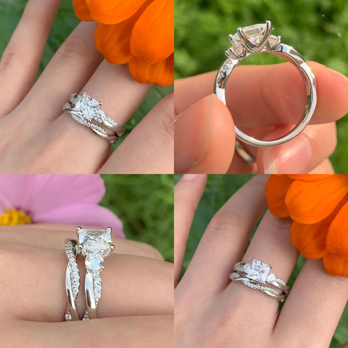 Princess cut engagement ring set on finger and held by hand
