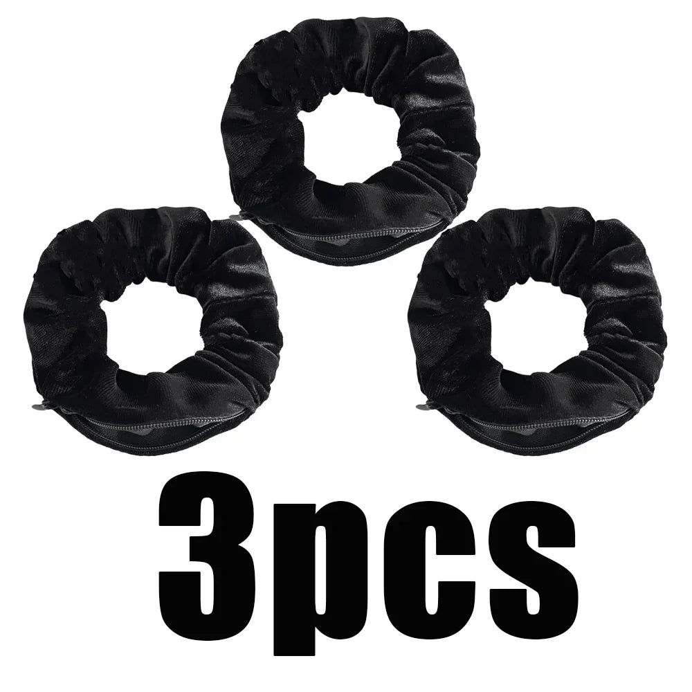 Sporty Velvet Hair Tie with Zipper Pocket for Small Storage – 3pcs