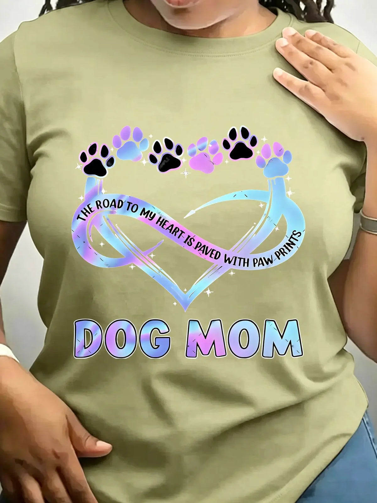 Olive green crew neck t-shirt with Dog Mom infinity heart and paw print design