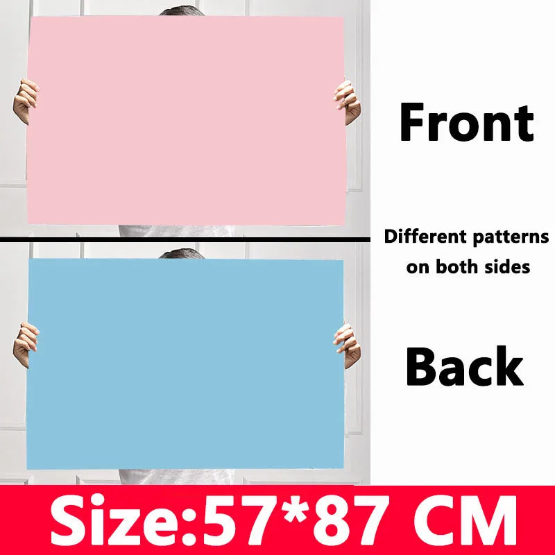 Person holding up different colored photography backdrop sheets, displaying front and back patterns