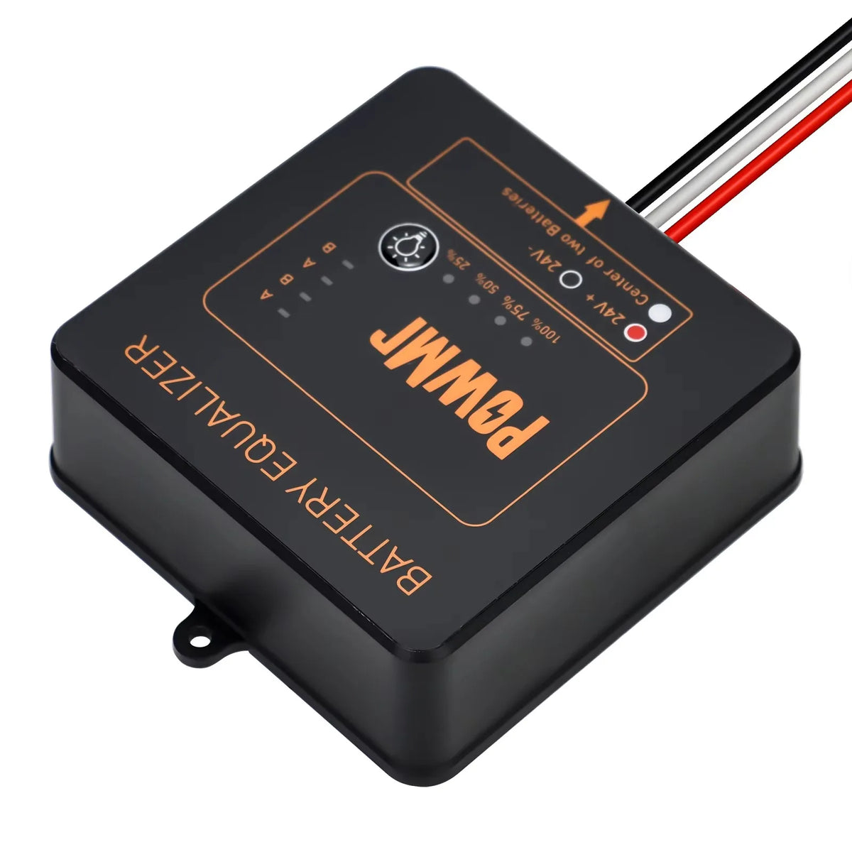 Angled view of a black square battery voltage equalizer device with wires connected.
