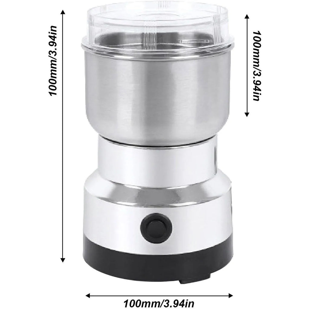 Stainless steel electric grinder showing dimensions in millimeters and inches