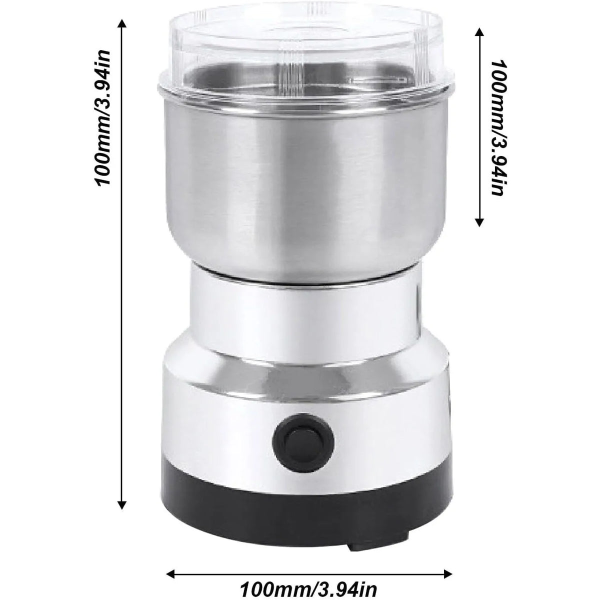 Stainless steel electric grinder showing dimensions in millimeters and inches