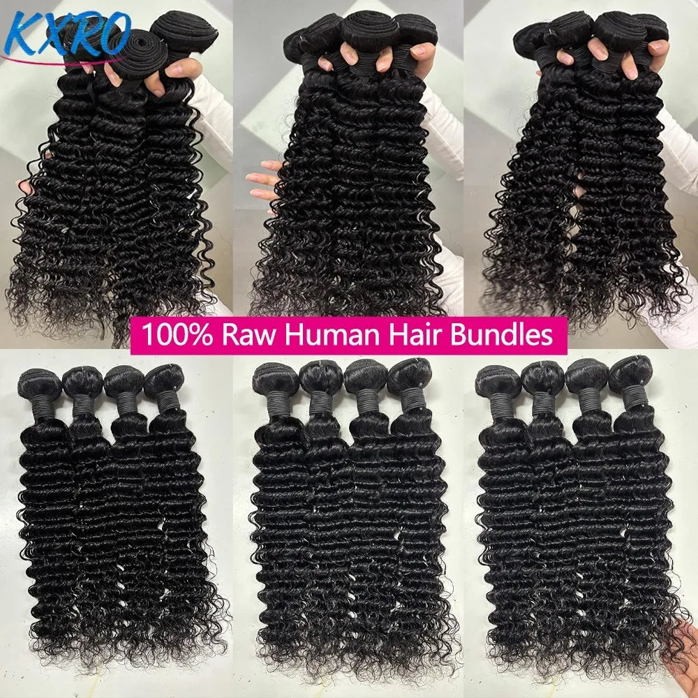 A collection of long black deep wave human hair bundles shown in various arrangements.