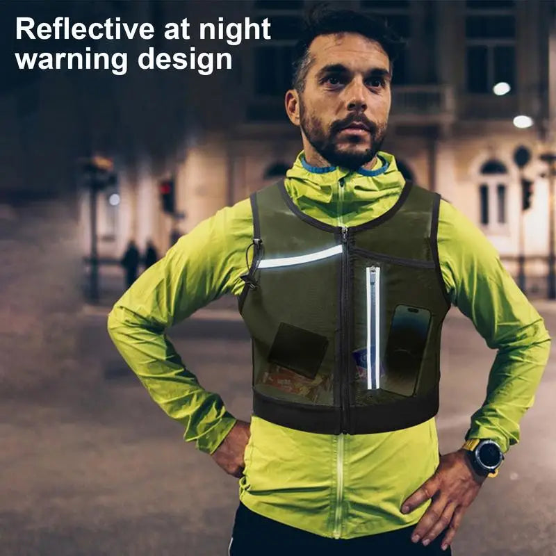 Man wearing reflective cycling chest vest at night