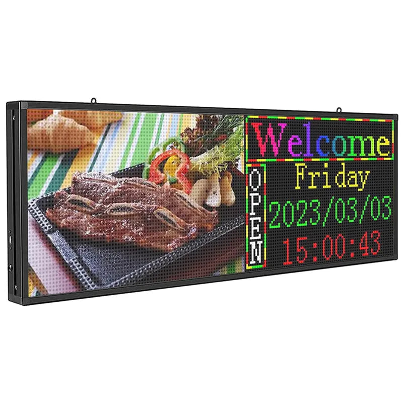 A 39x14 inch full-color programmable LED sign showing steak and a welcome message with date and time.