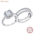 Cushion cut halo engagement ring set with matching bands in sterling silver with cubic zirconia stones