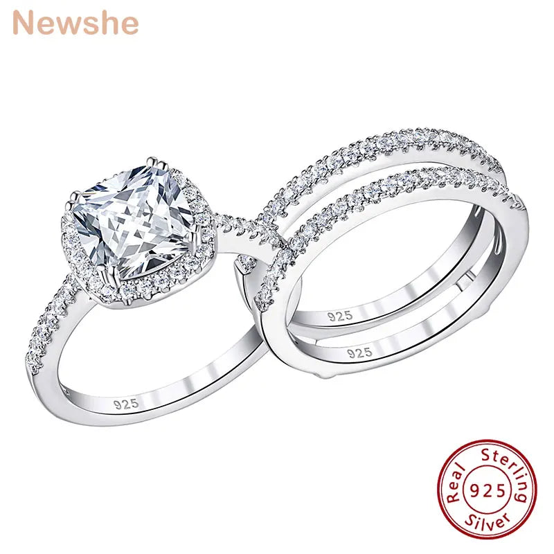 Cushion cut halo engagement ring set with matching bands in sterling silver with cubic zirconia stones