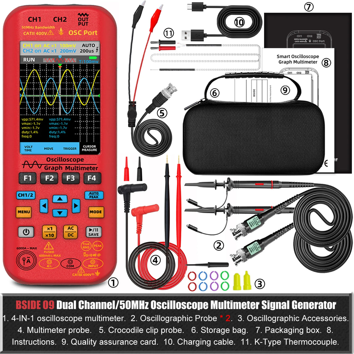 Bside 4-in-1 Handheld Oscilloscope Multimeter and Signal Generator – O9 kits-50MHz