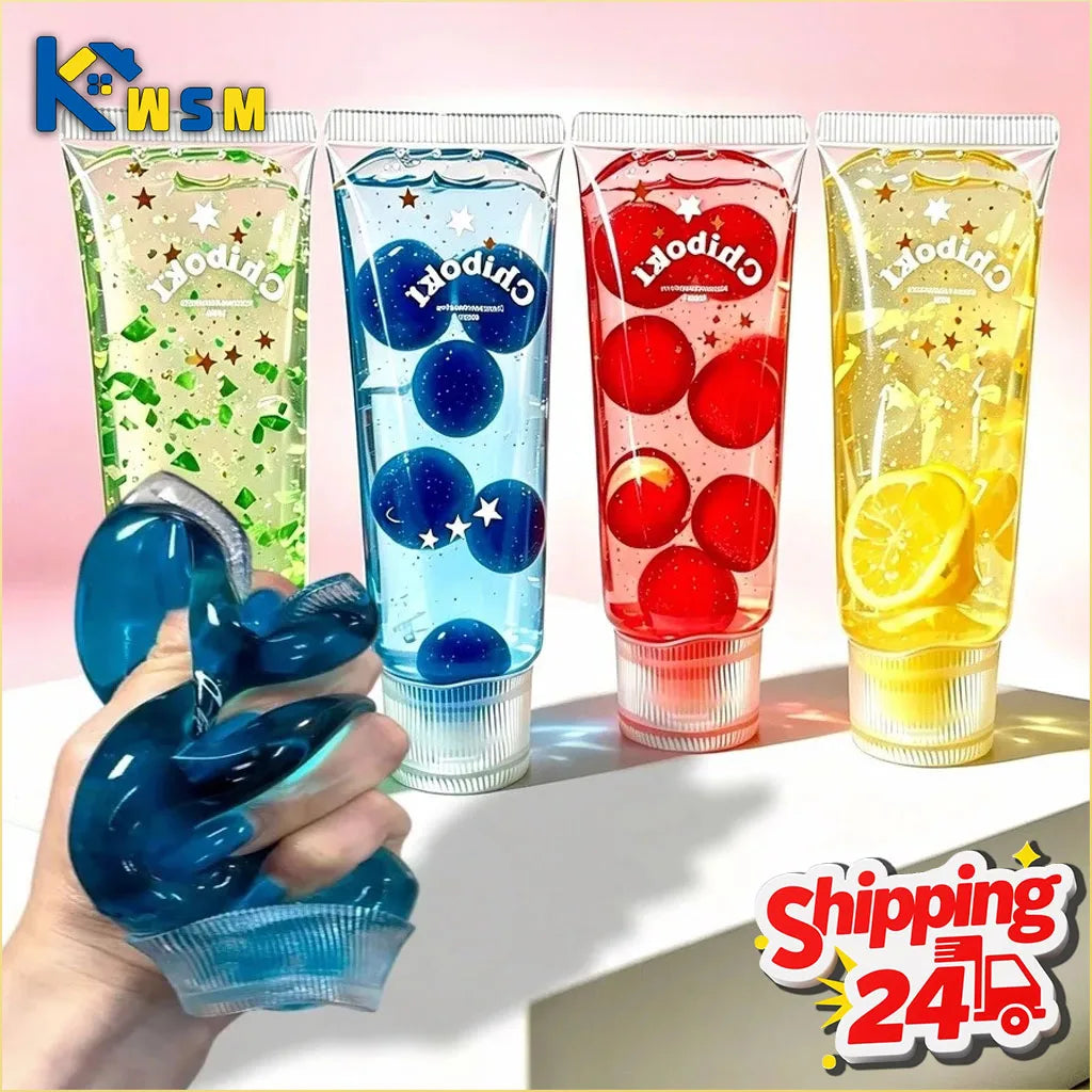 A collection of colorful gel-filled tubes shaped like toothpaste with decorative elements inside.