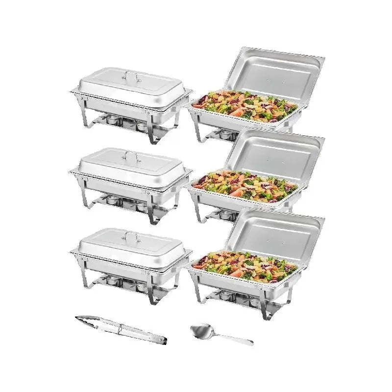 Silver 8 Qt rectangular chafing dish buffet server with a stainless steel frame and lid.