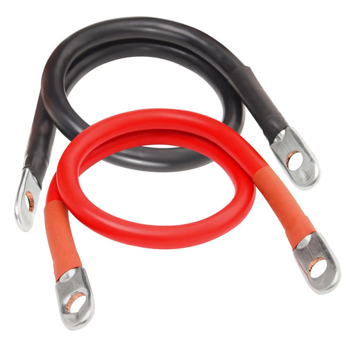 Pair of red and black 2 gauge battery cables with metal ring terminals at both ends.