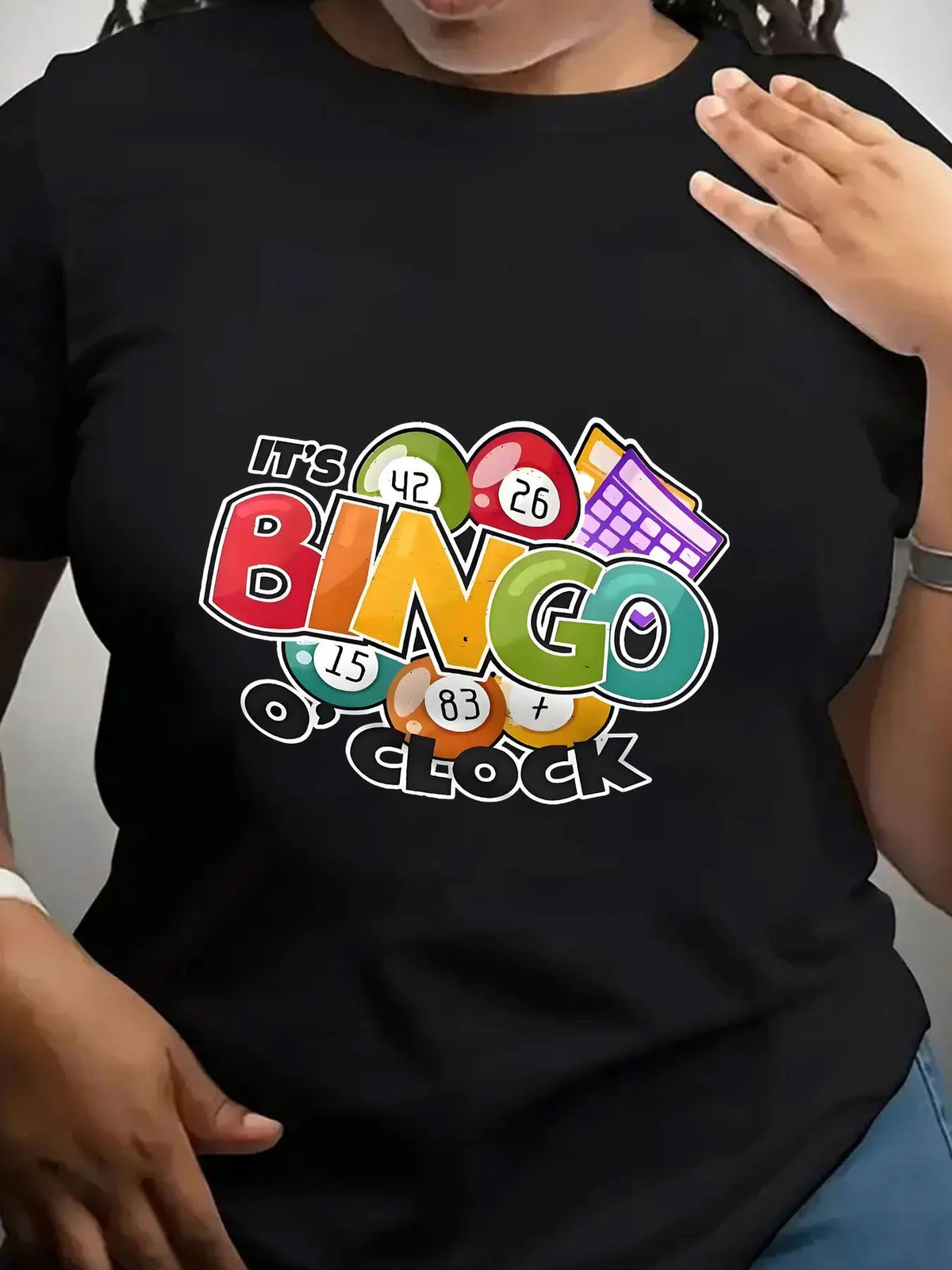 Black crew neck t-shirt with colourful bingo-themed graphic on front