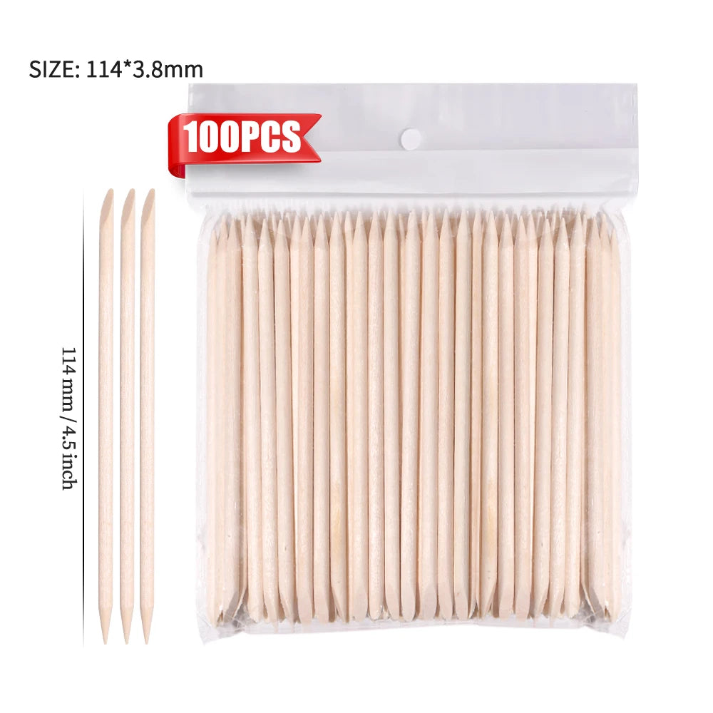 100-Piece Natural Orange Wood Nail Sticks, Double-Sided Cuticle Pushers – 114 mm