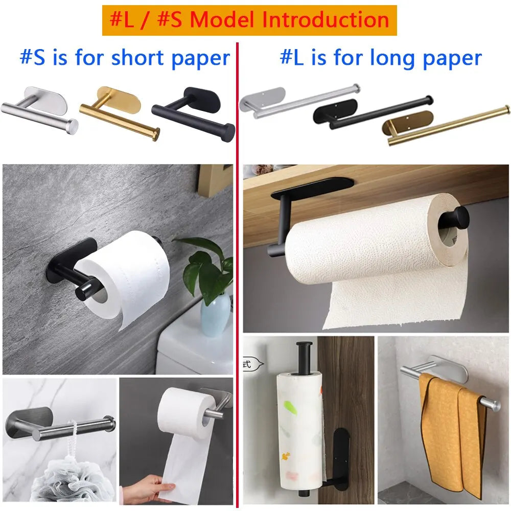 Assortment of stainless steel adhesive holders for toilet paper and kitchen rolls
