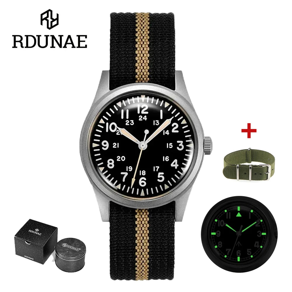 Rdunae Ra03 34.5mm Vintage Military Quartz Watch with Nylon Strap – Black