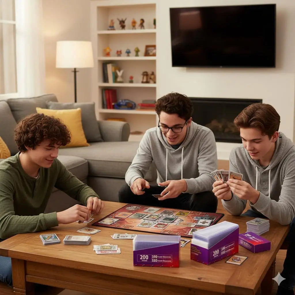 Three young men playing a board game with card sleeve boxes on the table