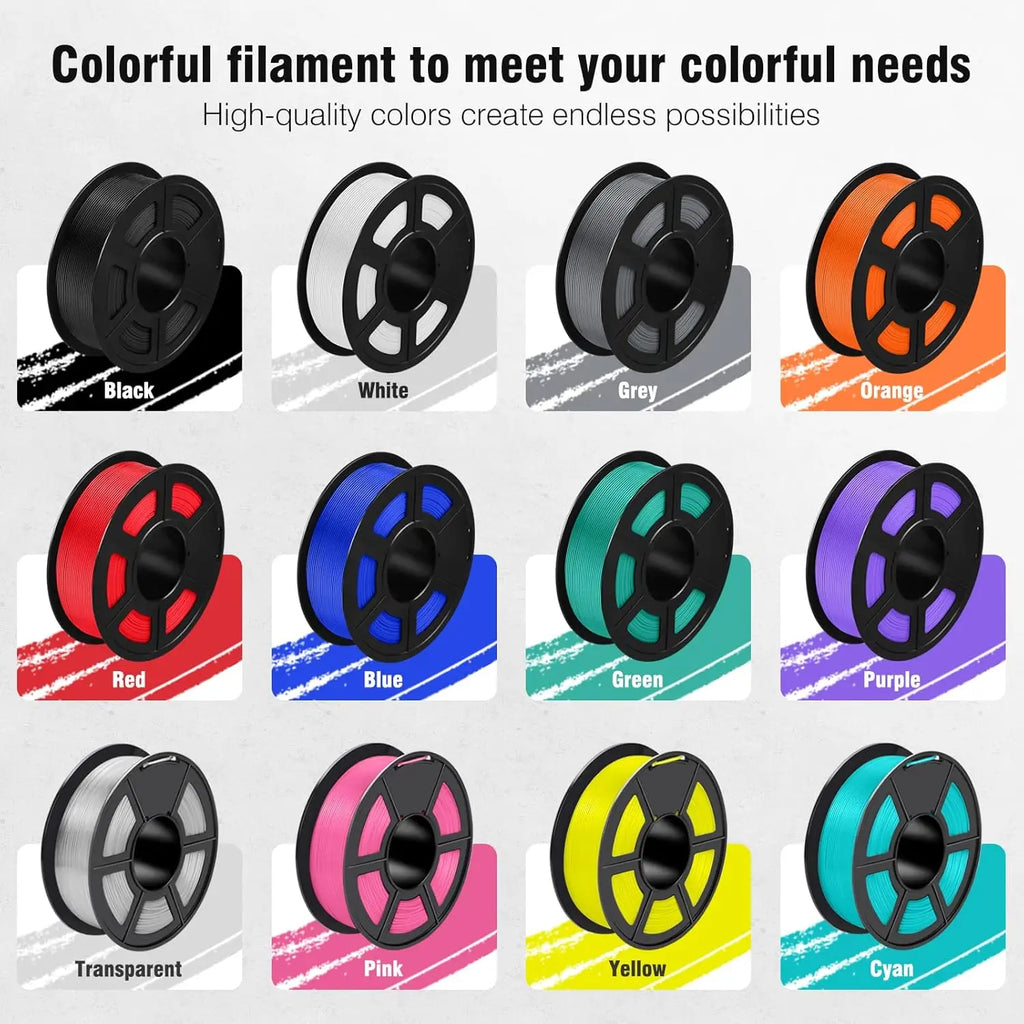 Color swatches of various 3D printer filament spools