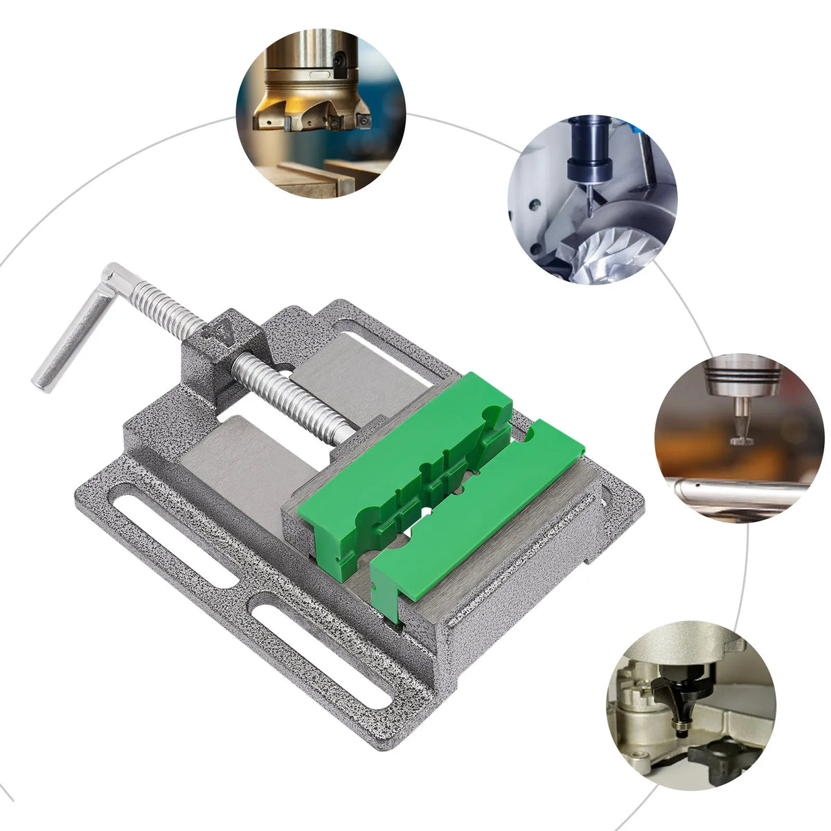 4-inch drill press vise with green serrated jaws, featuring machining application scenes