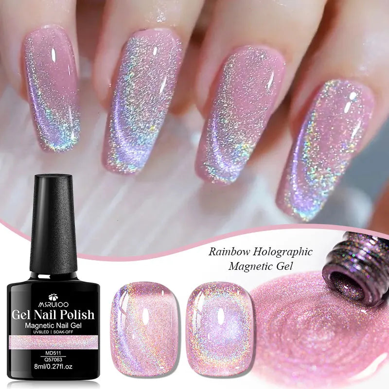 Pink holographic magnetic cat eye gel nail polish swatches on fingernails and sample nail tips