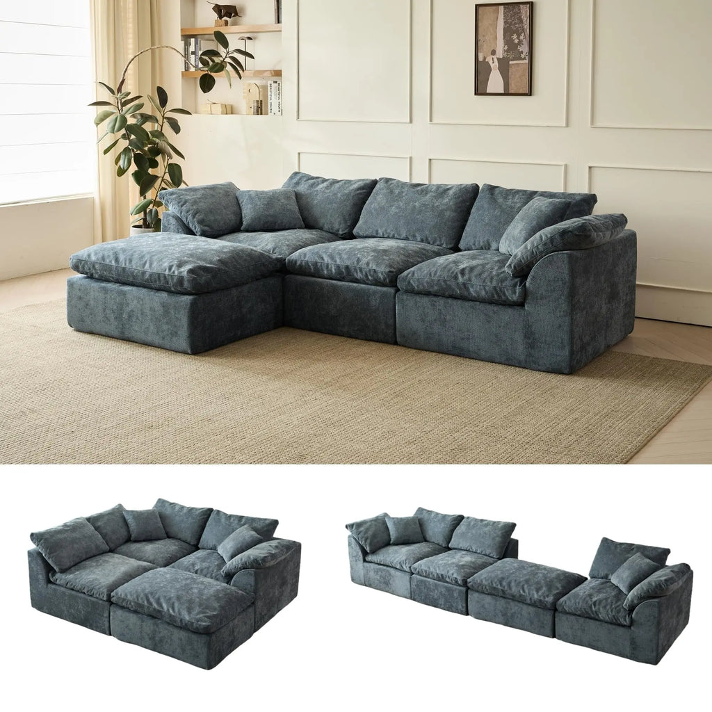 Blue modular L-shaped sofa with various configurations.