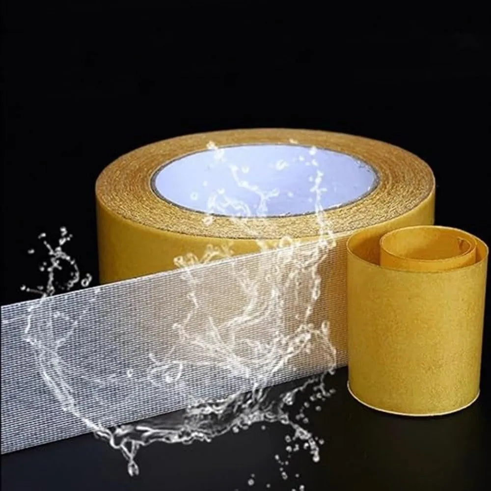 Double-sided mesh tape roll with a digital water effect overlay indicating waterproofing.