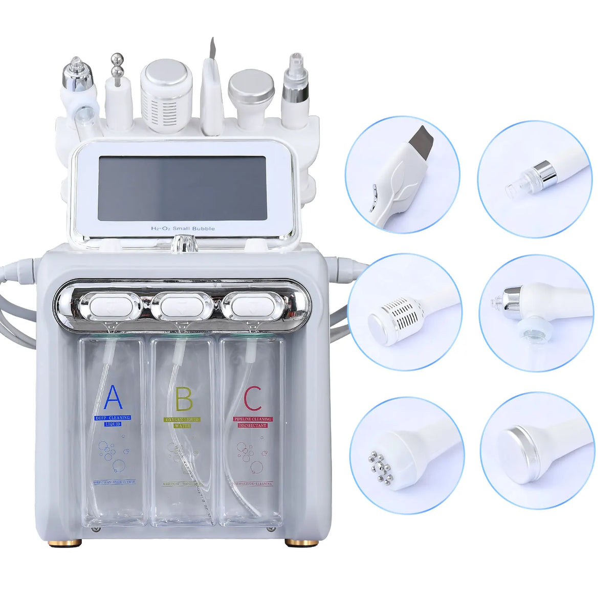 6-in-1 facial beauty equipment with circular close-up inserts of individual treatment heads and probes