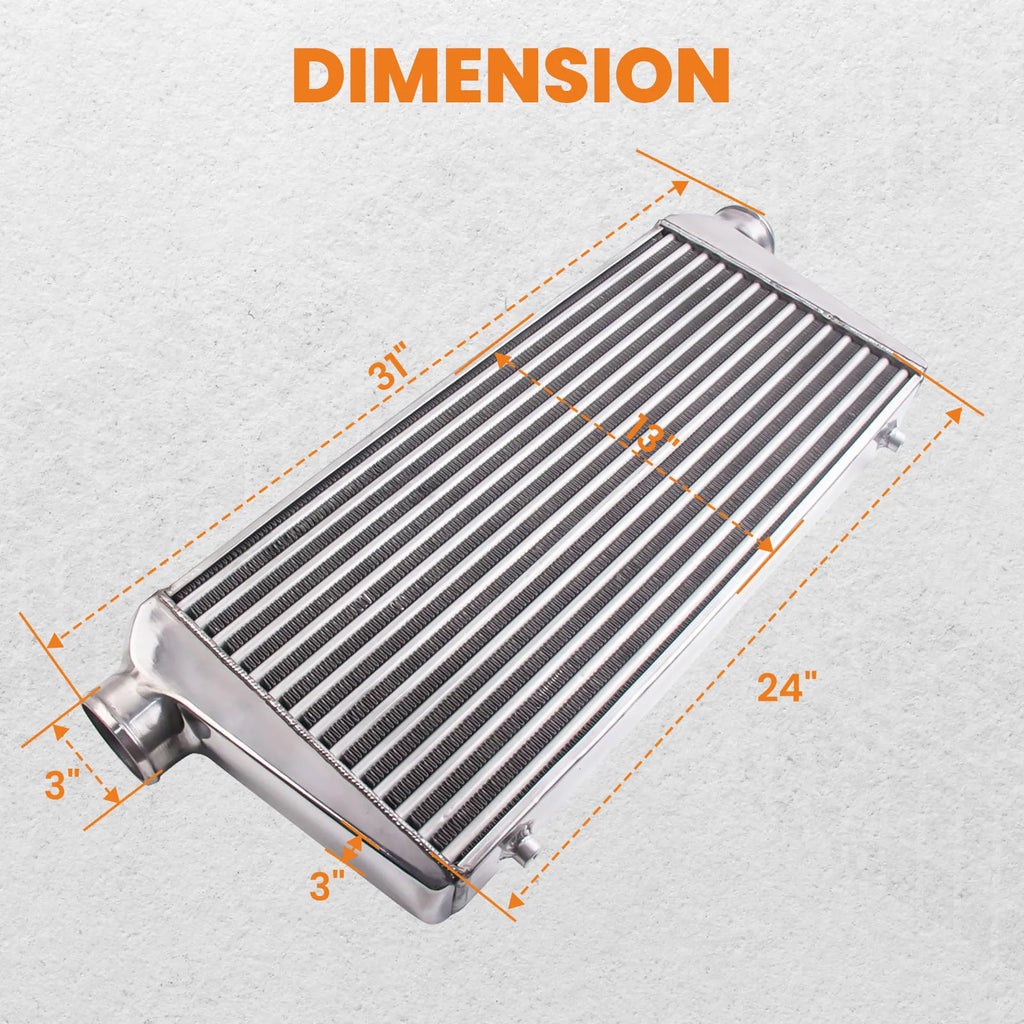 Intercooler unit showing its width, length, and depth dimensions in inches