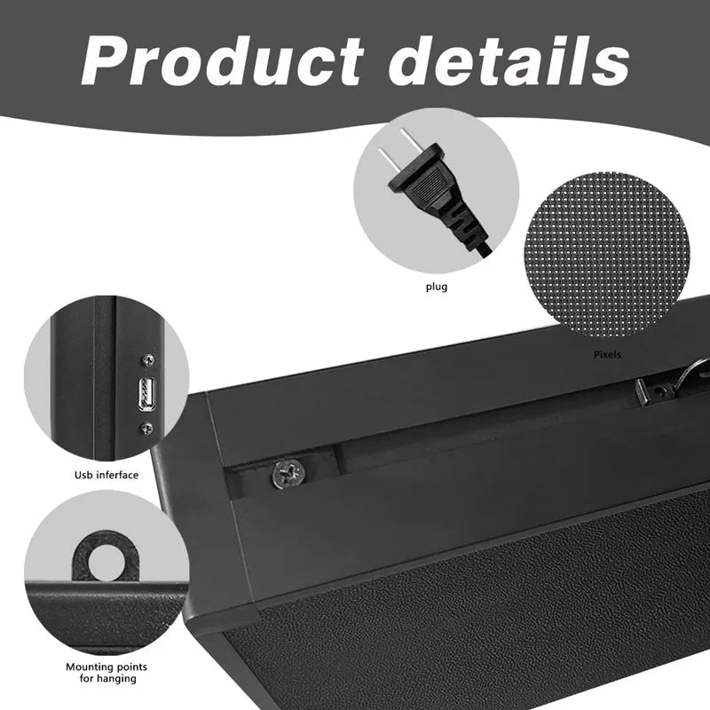 Product detail shots of a 39x14 inch LED sign including power plug, USB port, pixels, and hanging hooks.