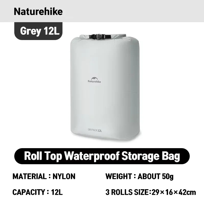 Naturehike Rolled Waterproof Storage Bag - Lightweight Compression Organizer – Grey 12L New