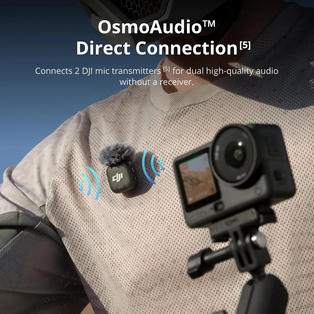 Action camera mounted on a tripod with wireless microphone transmitter