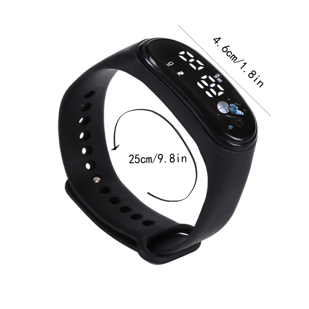 A black digital sports watch with its dimensions labeled in centimeters and inches.