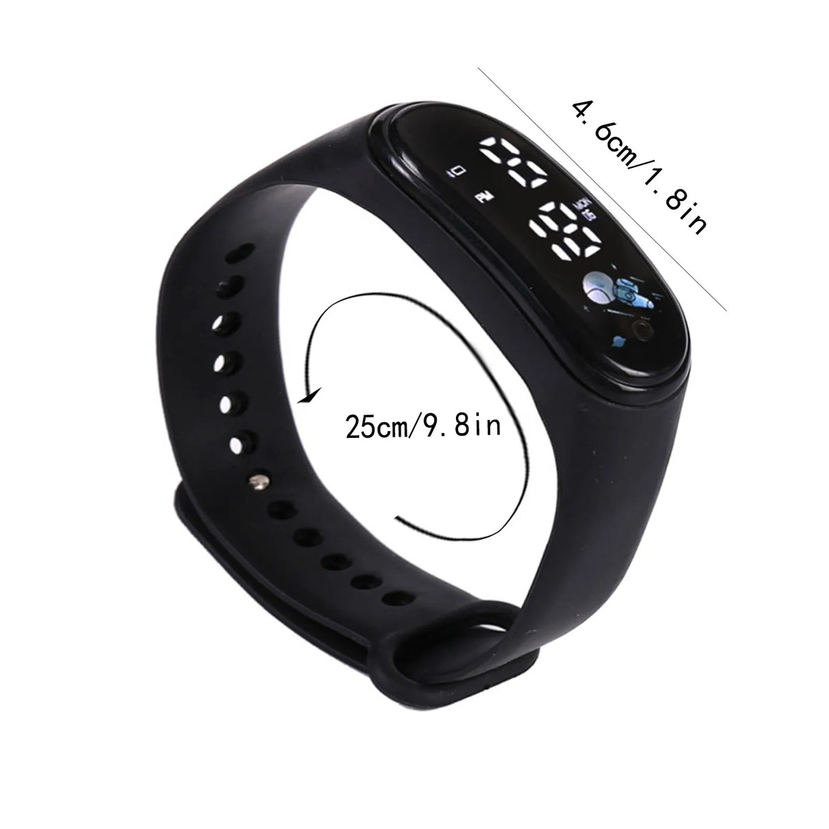 A black digital sports watch with its dimensions labeled in centimeters and inches.
