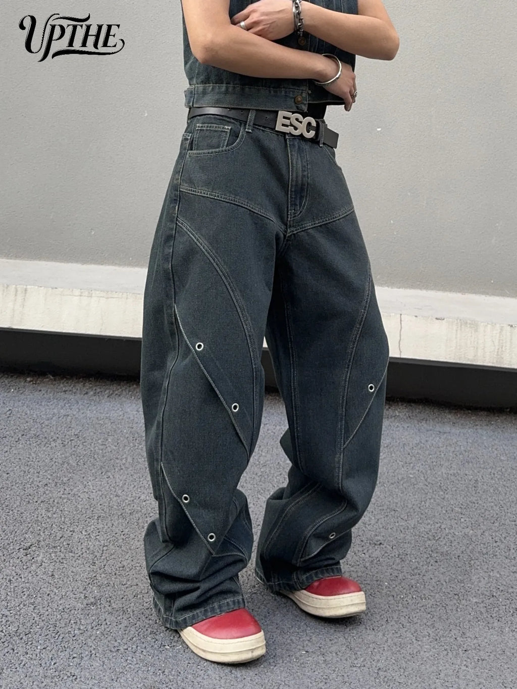 Dark grey baggy wide leg denim jeans with side eyelet detailing