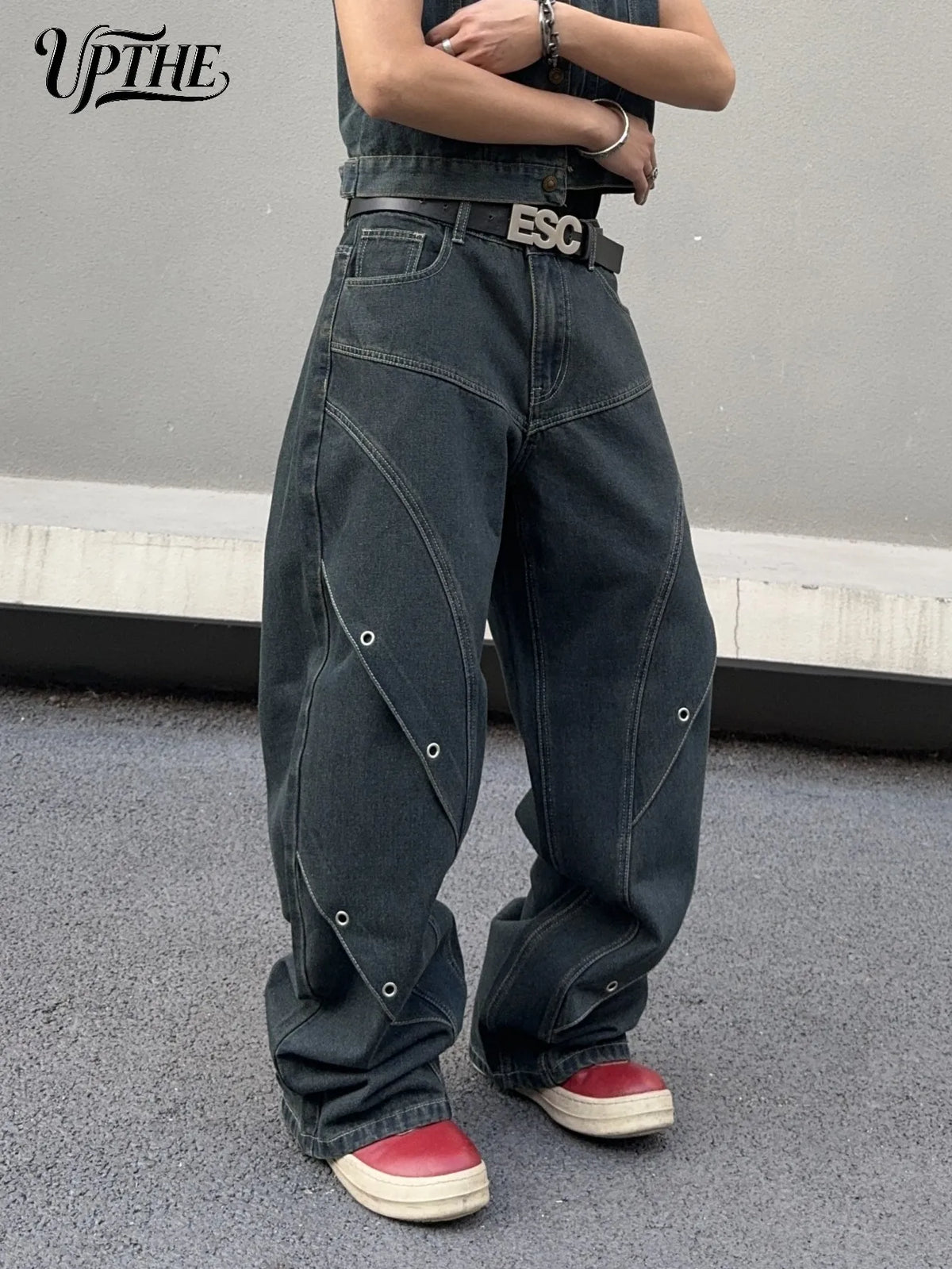 Dark grey baggy wide leg denim jeans with side eyelet detailing